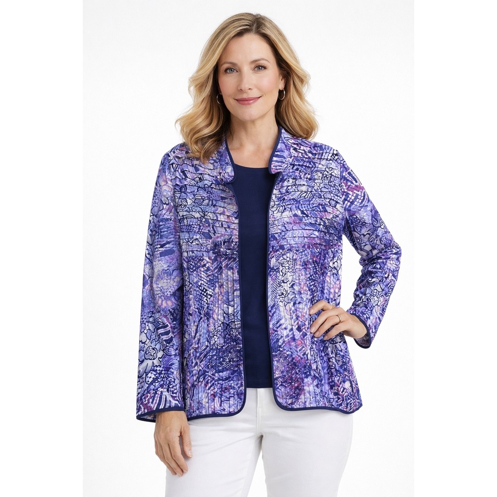 Alfred Dunner Floral Pleated Lightweight Jacket Blazer Blue Purple Women's 16